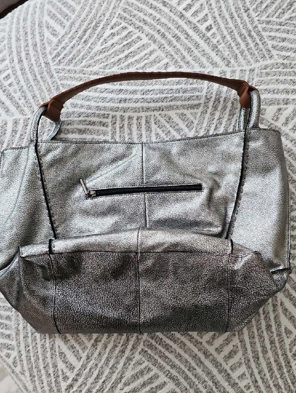 The Sak Metallic Silver Tote Bag with Brown Handle - Picture 2 of 4